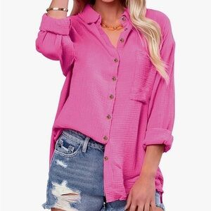 Womens Hot Pink Button-Down Boyfriend Shirt ~ Size Small ~ New w/Tags in Box